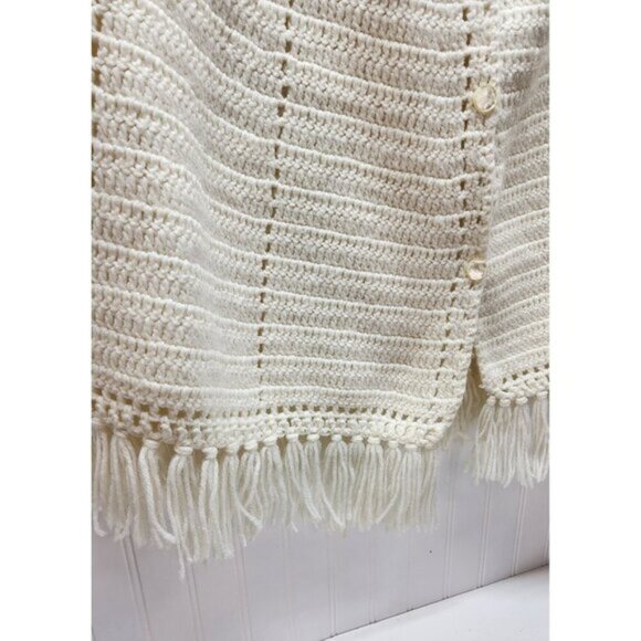 Handmade Wool Blend Crochet Cape With Fringe Trim & Button Closure - Picture 6 of 10